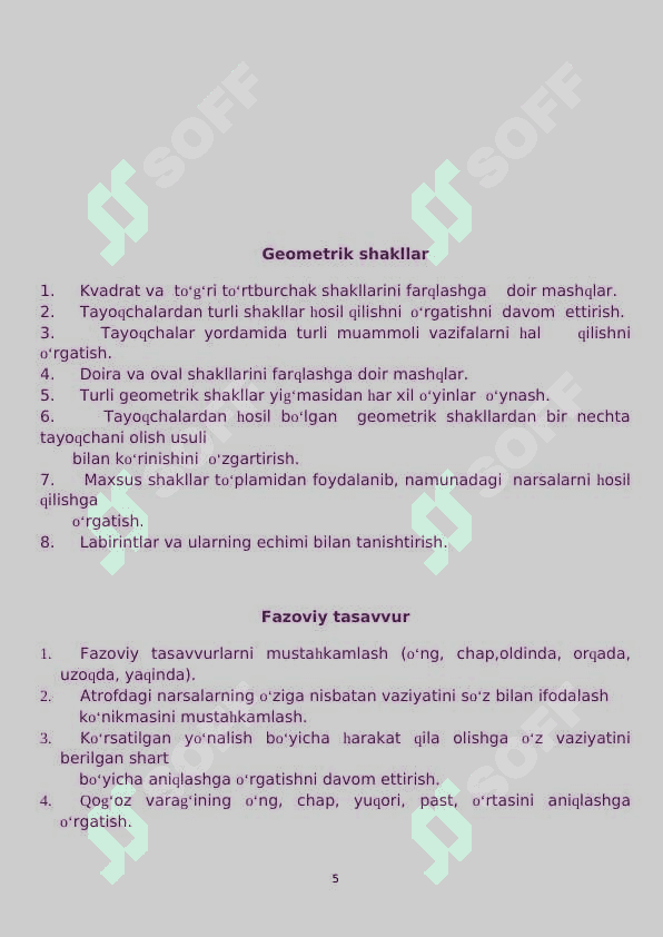 TAKOMILLASHTIRILGAN  ILK QADAM DAVLAT O‘QUV DASTURI ASOSIDA KATTA GURUHLARDA YIL DAVOMIDA  O‘TKAZILADIGAN ELEMENTAR MATEMATIKADAN  FAOLIYAT  ISHLANMALARI 5