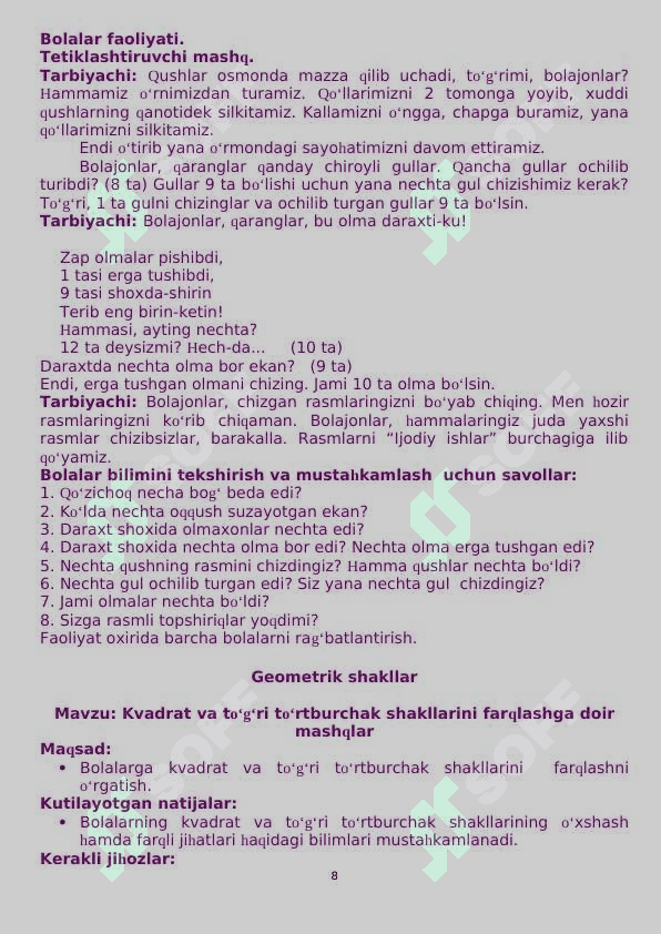 TAKOMILLASHTIRILGAN  ILK QADAM DAVLAT O‘QUV DASTURI ASOSIDA KATTA GURUHLARDA YIL DAVOMIDA  O‘TKAZILADIGAN ELEMENTAR MATEMATIKADAN  FAOLIYAT  ISHLANMALARI 8