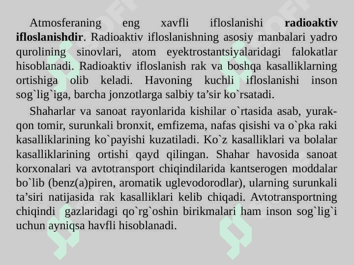 Ekologiyaning hozirgi zamon muammolari. Atmosfera havosi va suv resurslari, tuproq va ularning muhofazasi. 4