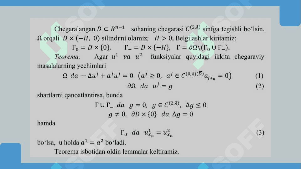 Elliptik turdagi tenglamalar uchun koeffisientni aniqlash teskari masalasi yechimining yagonaligi 2