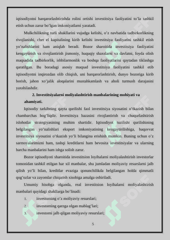Investitsiya faoliyatini moliyalashtirishda moliya bozorining ahamiyati. 5