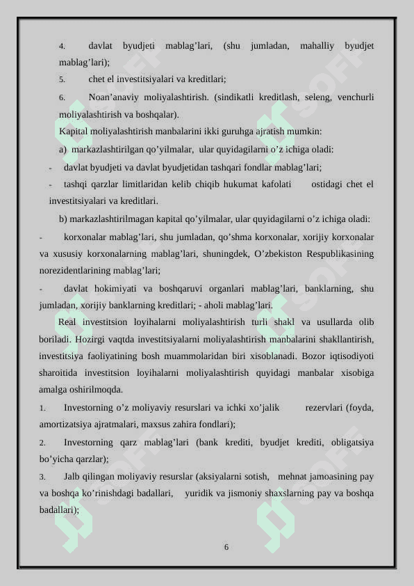Investitsiya faoliyatini moliyalashtirishda moliya bozorining ahamiyati. 6