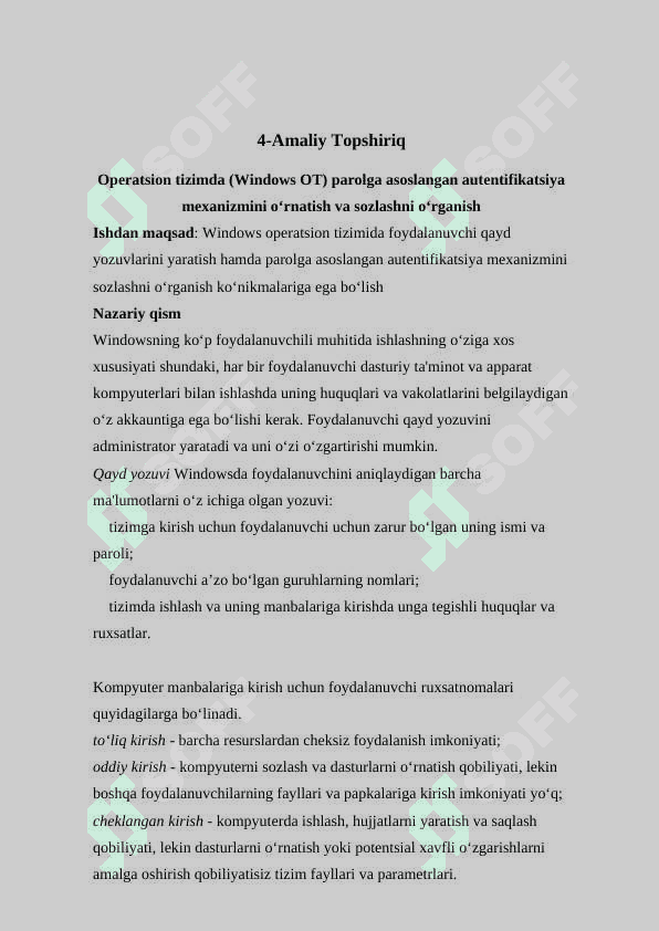 Operatsion tizimda (Windows OT) parolga asoslangan autentifikatsiya mexanizmini o‘rnatish va sozlashni o‘rganish Kiber Xavfsizlik 2