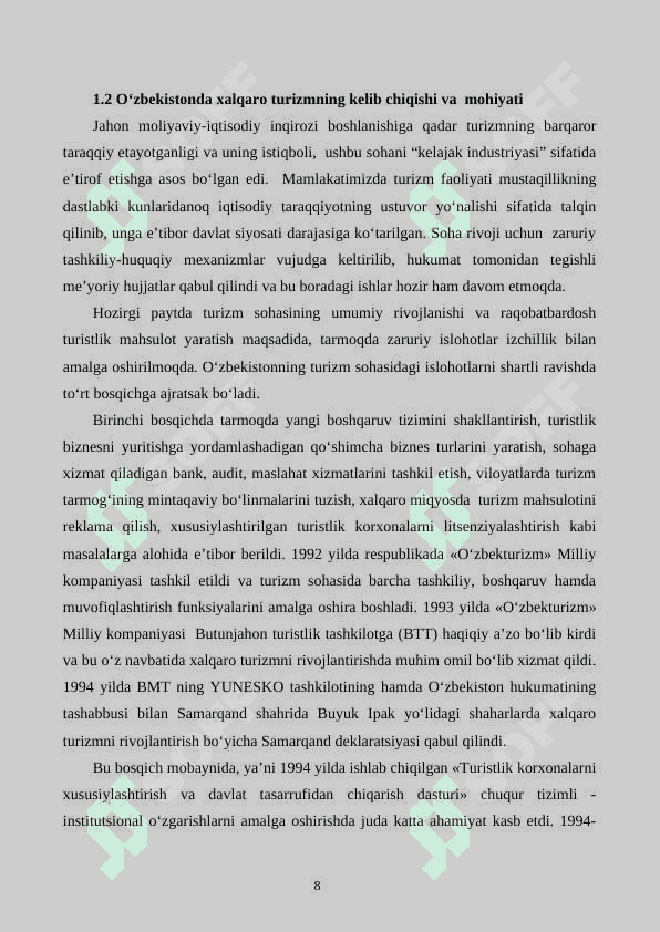 O’zbekistonda xalqaro turizmning rivojlanishi va istiqbollari  KUR ISHI 8