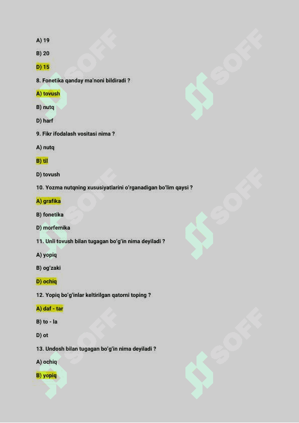Ona tili fanidan / test savollar / javoblari bilan / 25 ta 2