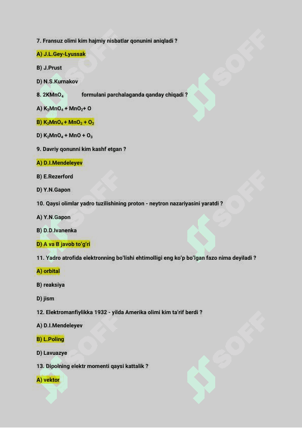Kimyo / test savol-javoblar / 25 ta test 2
