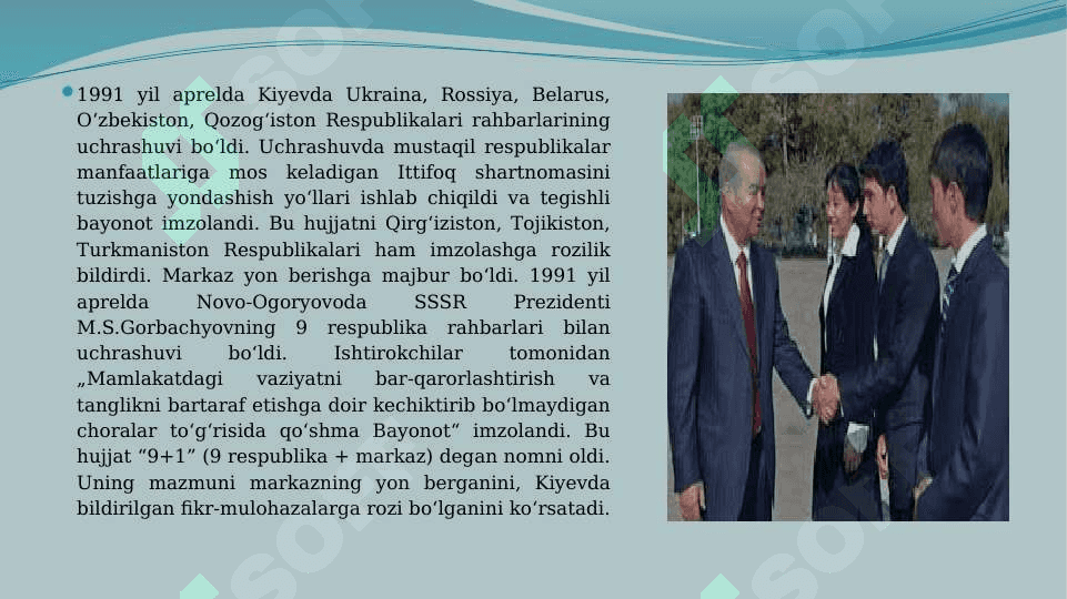 Mustaqil O‘zbekiston Respublikasining tashkil topishi va uning tarixiy ahamiyati. 8