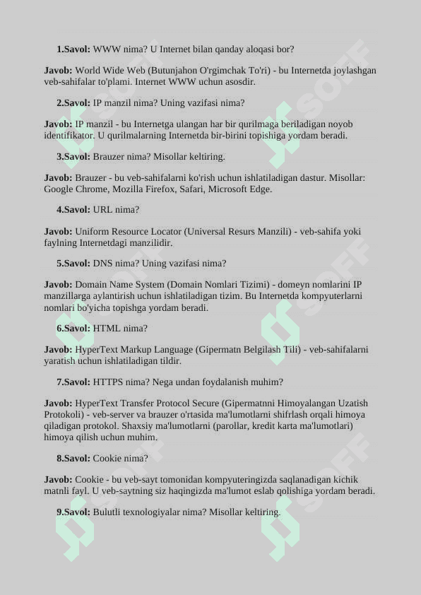 INTERNET VA AXBOROT TEXNOLOGIYALAR  savol-javoblar 2