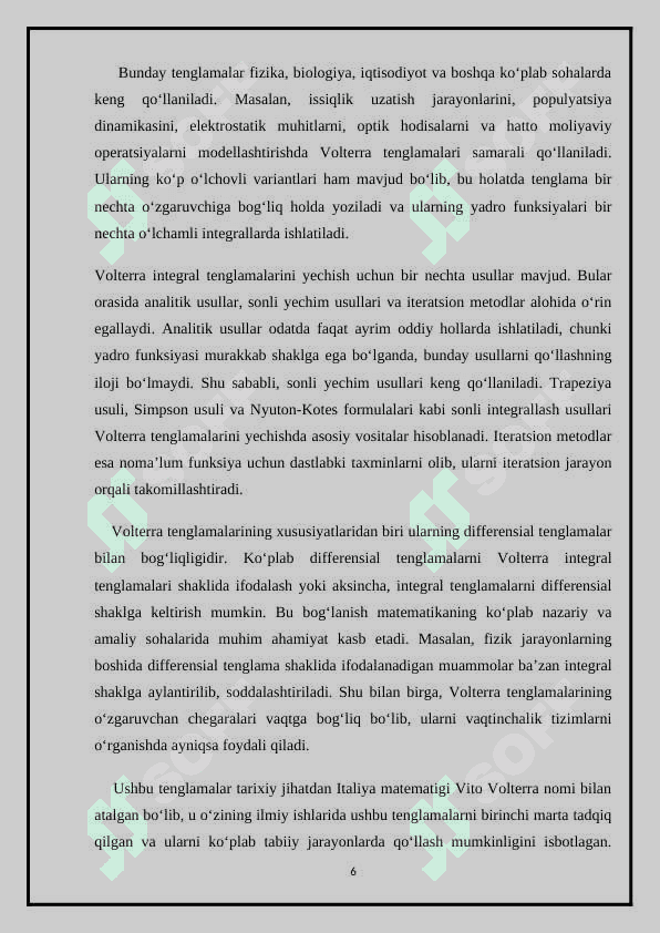 Volterraning integral tenglamalari va differensial tenglamalar orasidagi bog’lanish 6