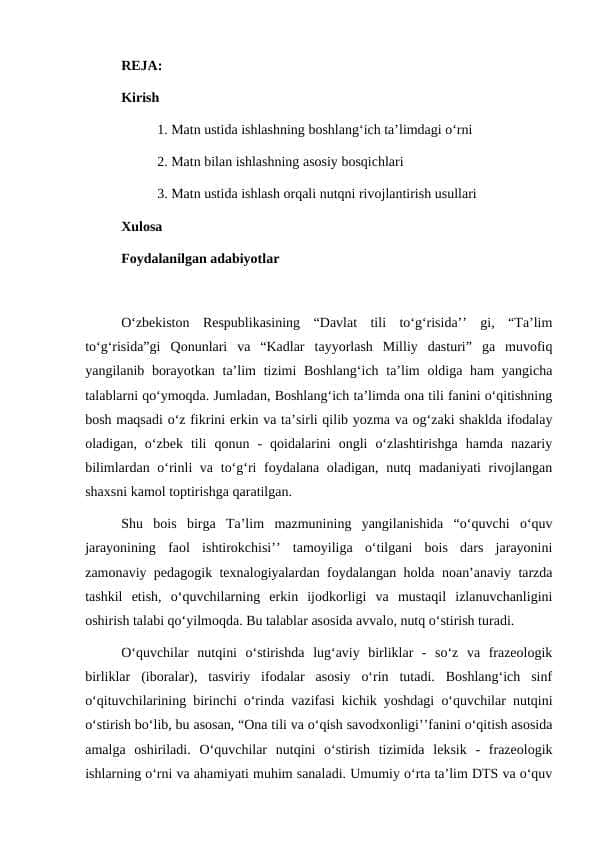 Boshlang'ich ta'limda matn ustida ishlash orqali o'quvchilar nutqini o'stirish