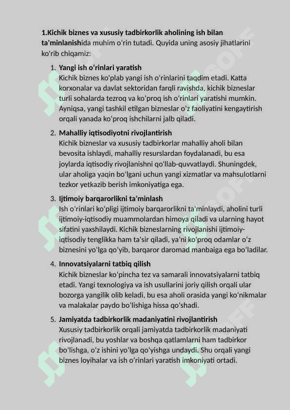 Kichik biznes va xususiy tadbirkorlikning aholini ish bilan ta'minlashdagi o’rni 4