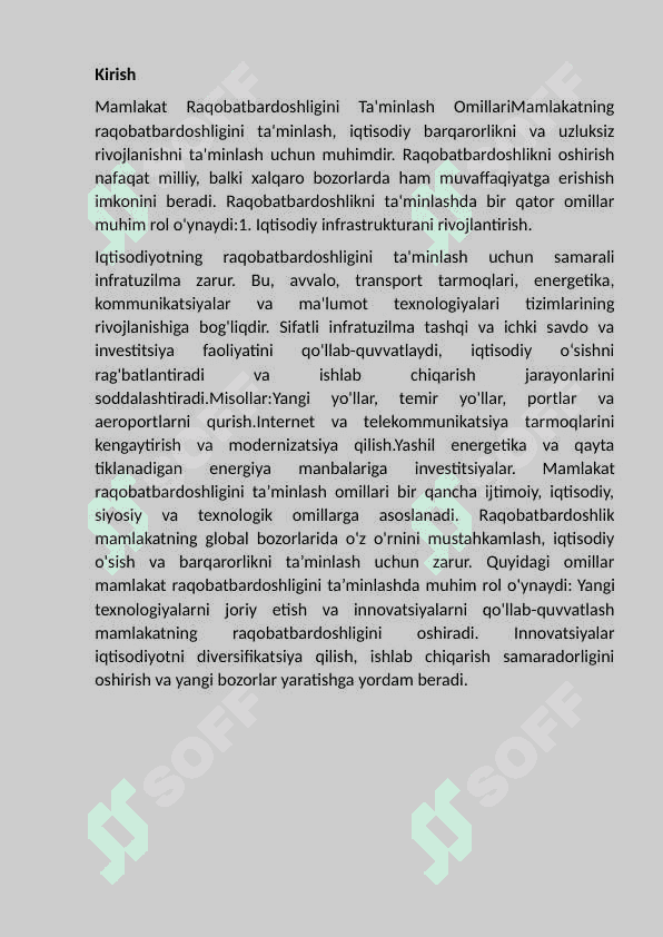 Mamlakat raqobatbardoshligini              ta’minlash omillari. 2
