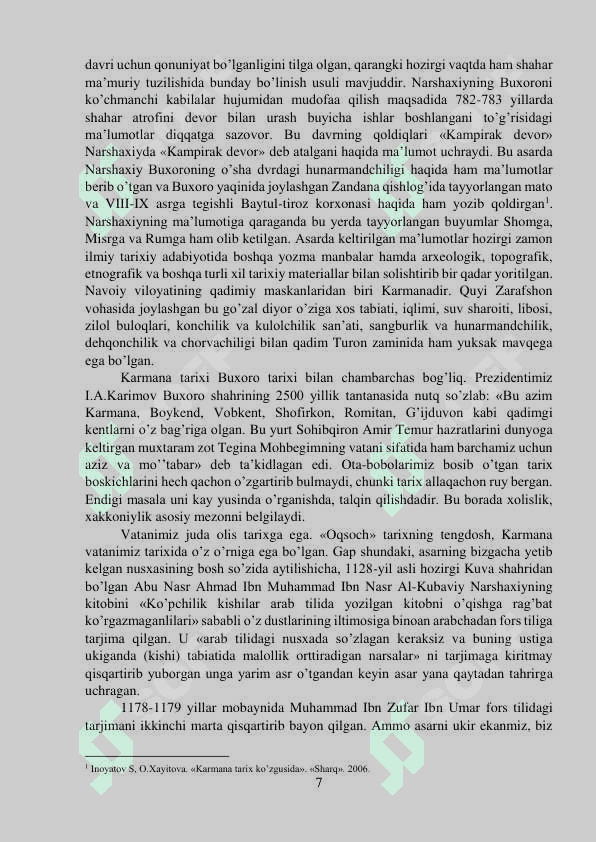 Narshaxiyning “Buxoro tarixi” asari tarixiy manba sifatida o’rganilishi 7
