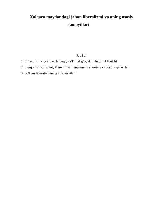 Xalqaro maydondagi jahon liberalizmi va uning asosiy tamoyillari