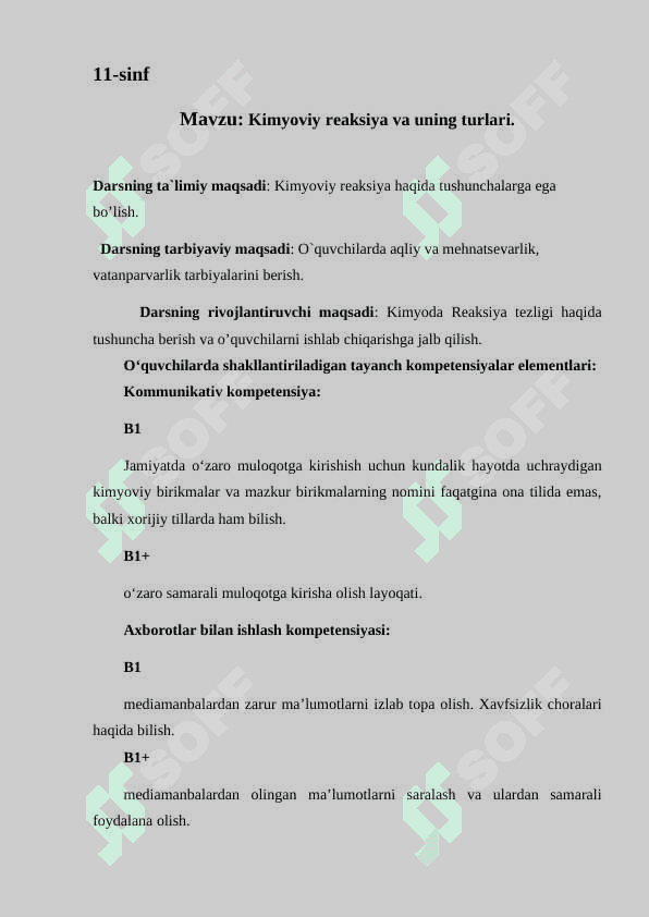 dars ishlanma kimyo 11-sinf 2
