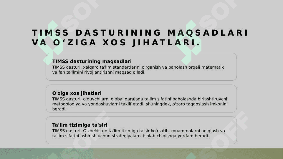 TIMSS xalqaro baholash dasturi mazmuni. TIMSS topshiriqlarini tuzish. TIMSS topshiriqlarini baholash 3