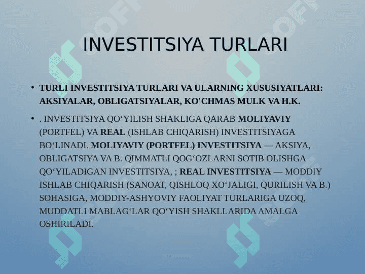 Investitsiyalarni sotib olishdan va foydalanishda moliyaviy natijalarni oldindan hamda keyin aniqlash hisobi 6