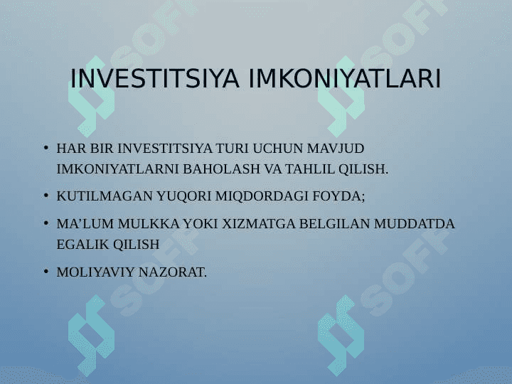 Investitsiyalarni sotib olishdan va foydalanishda moliyaviy natijalarni oldindan hamda keyin aniqlash hisobi 7