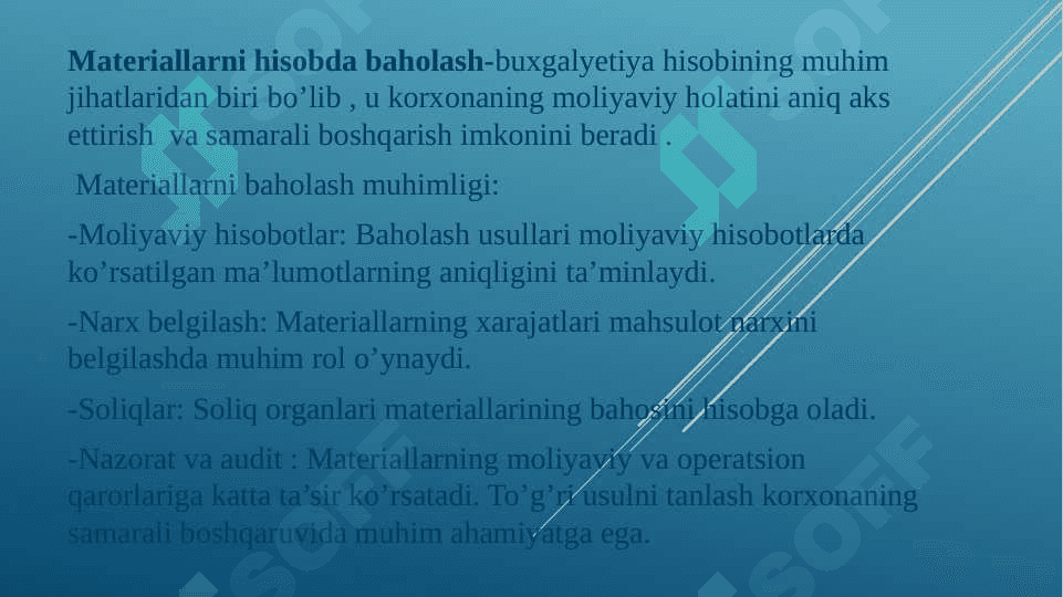 Materiallarni donalab baholash, o’rtacha bahoda, Fifo va boshqa usullarda baholab sarflashni hisobda aks ettirish 2