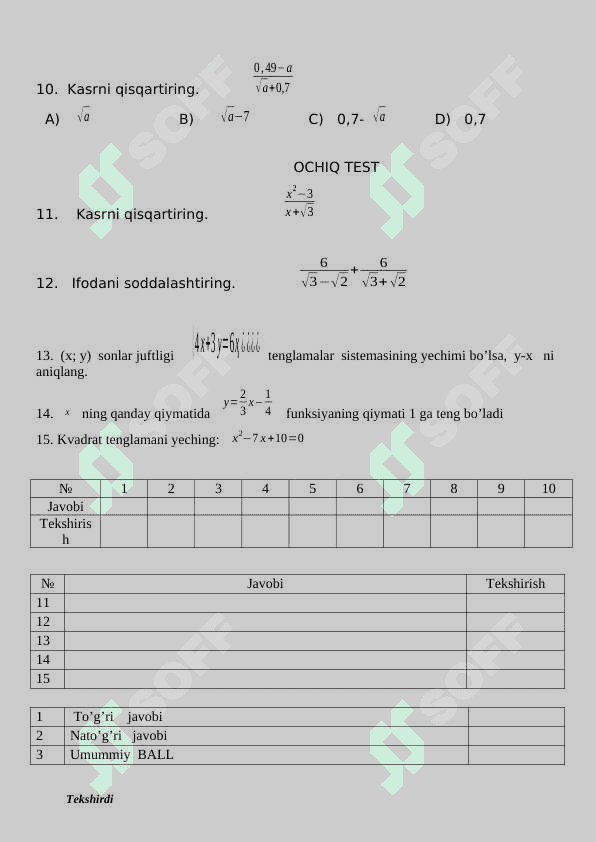 Nazorat ishi 9-sinf algebra 2025 3