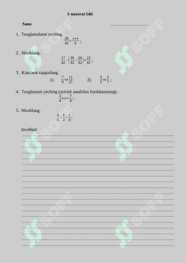 6-sinf matematika nazorat ishi daftari 3