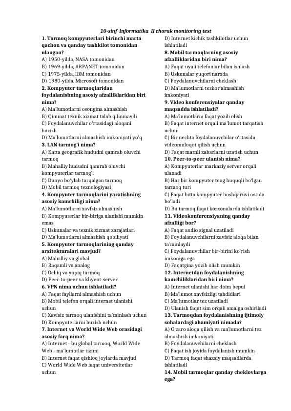 10-sinf  Informatika  II chorak monitoring test