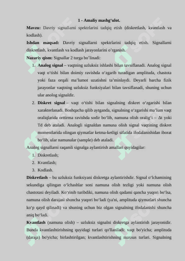 Davriy signallarni spektrlarini tadqiq etish (diskretlash, kvantlash va kodlash) 23-variant 2