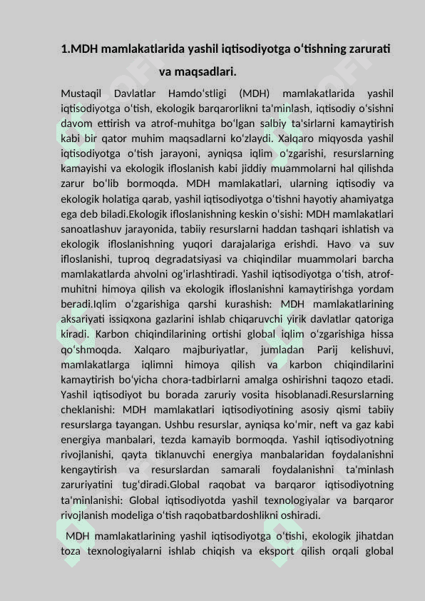 MDH mamlakatlarida “yashil           iqtisodiyot”ni rivojlantirish strategiyasining ustuvor yo‘nalishlari. 3