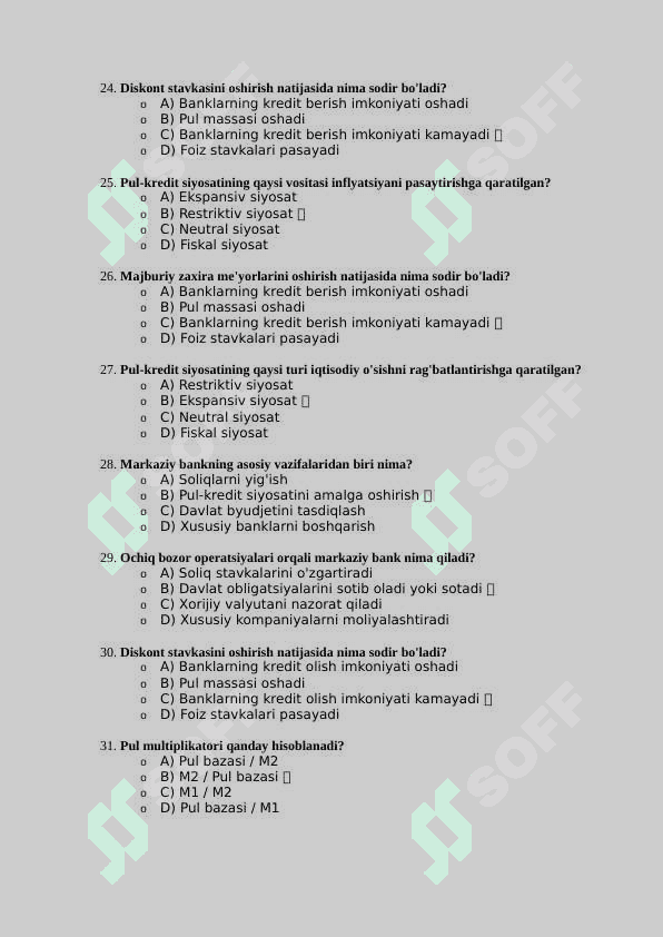 Mavzu:  Pul kredit siyosati. Test javoblari bilan 4