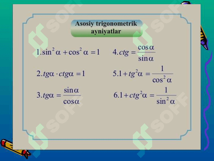 Trigonamertrik ayniyatlar 9-sinf algebra 4