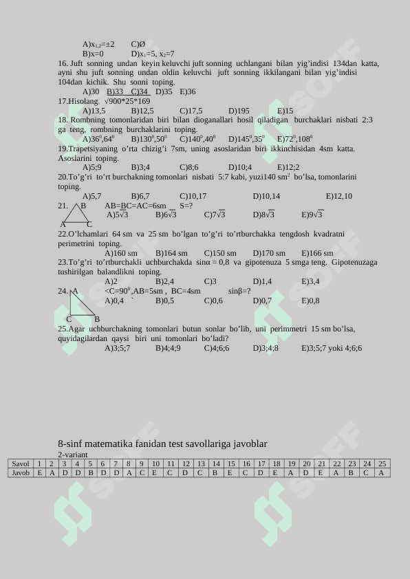 8-sinf matematika test 4-variant 2
