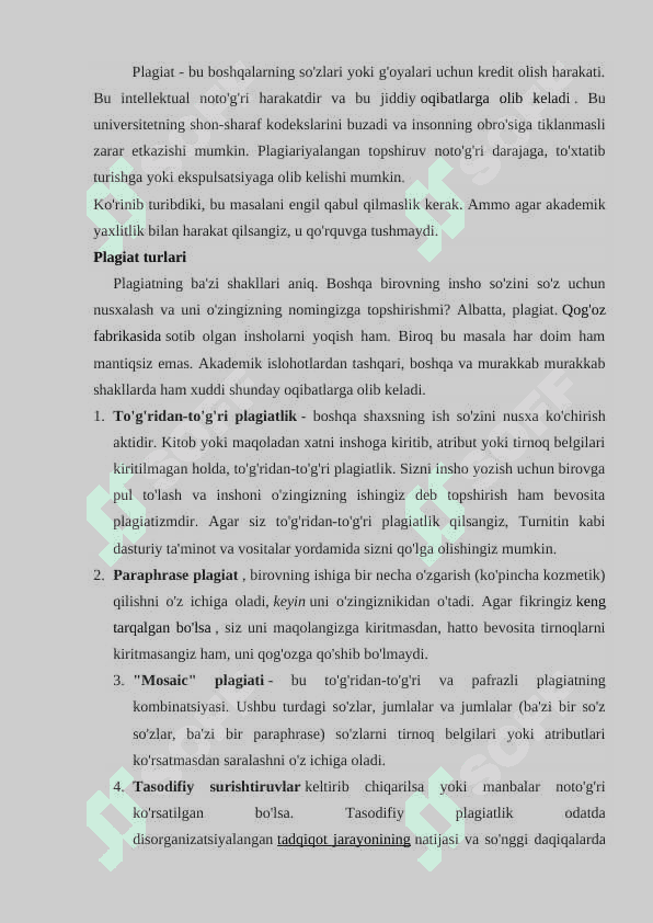 Plagiat haqida tushuncha.Antiplagiat haqida huquqiy va me’yoriy hujjatlar.Mualliflik huquqi .Hammualliflik haqida tushuncha.Antiplagiat dasturlari local va global (xorijiy va respublika ). Plagiat uchun javobgarlik 2