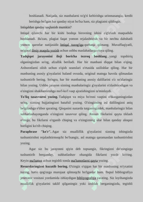Plagiat haqida tushuncha.Antiplagiat haqida huquqiy va me’yoriy hujjatlar.Mualliflik huquqi .Hammualliflik haqida tushuncha.Antiplagiat dasturlari local va global (xorijiy va respublika ). Plagiat uchun javobgarlik 3