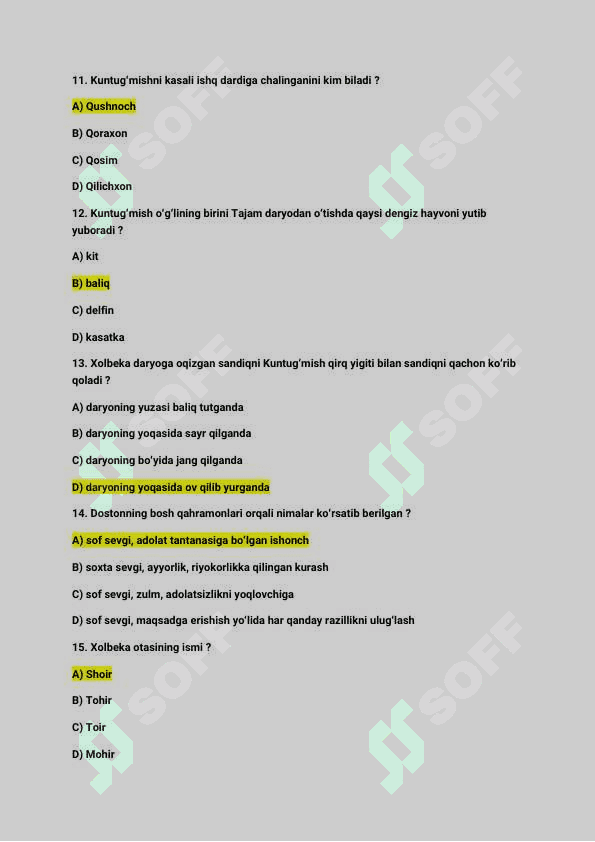 Adabiyot fanidan „ Kuntugʻmish dostoni “ boʻyicha savollar javoblari bilan 30 ta test 3