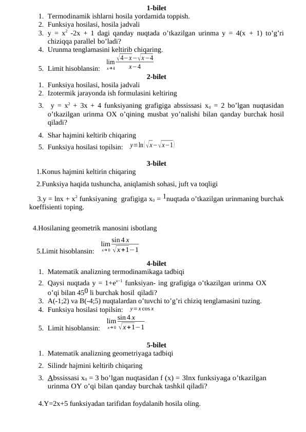 matematik analizning turdosh fanlarga tadbiqi fanidan yakuniy