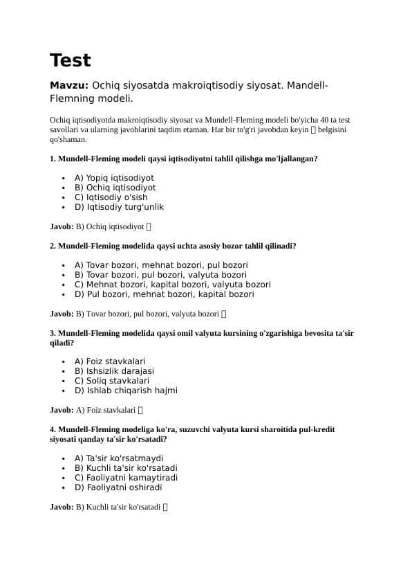 Mavzu: Ochiq siyosatda makroiqtisodiy siyosat. Mandell-Flemning modeli. TEST JAVOBLARI BILAN