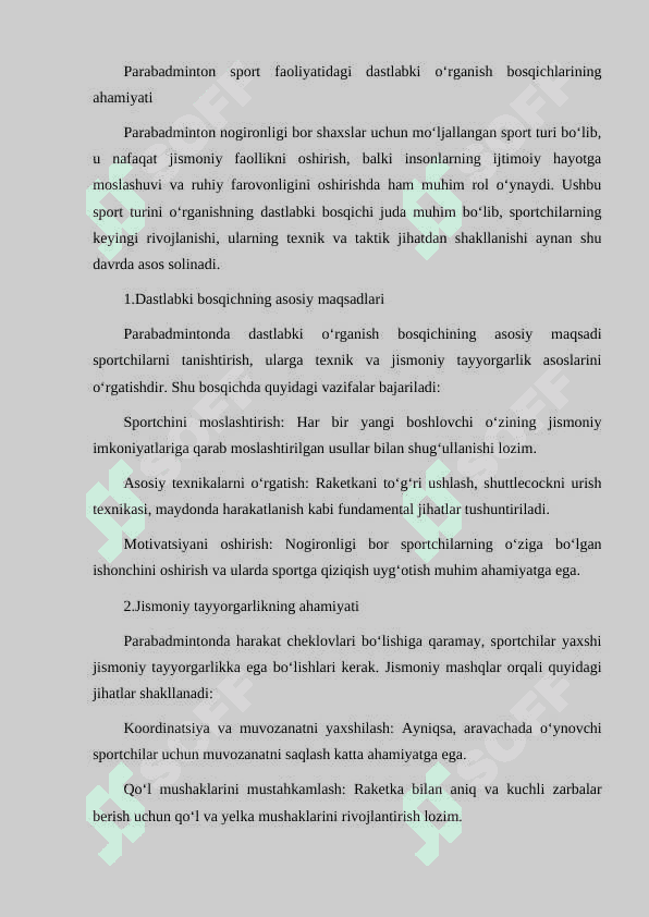 PARABADMINTON SPORT FAOLIYATIDAGI DASTLABKI O'RGANISH BOSQICHLARINING AHAMIYATI 2