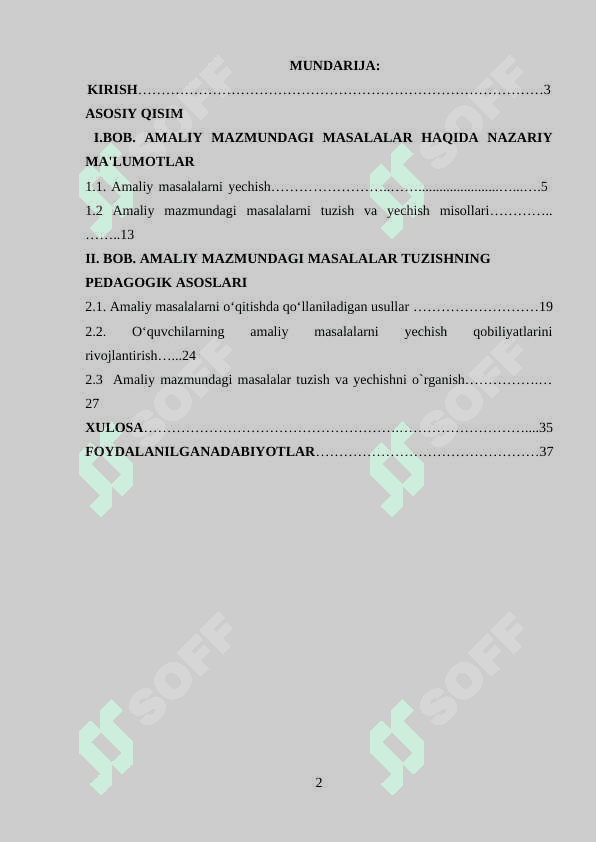 AMALIY MAZMUNDAGI MASALALAR TUZISH VA YECHISHNI O`RGANISH 2