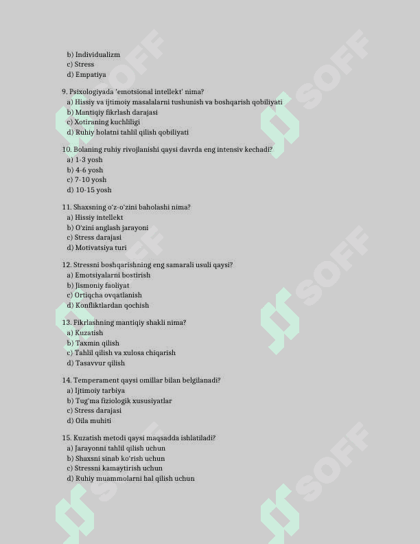 Psixologiya 25 talik test javoblari bilan 2