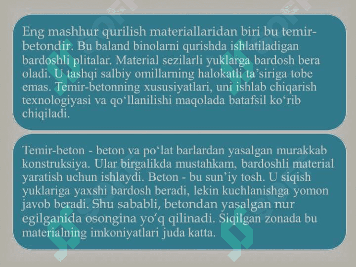 Temirbeton xaqida tushuncha. Temir-beton buyumlari klassifikatsiyasi. Temir beton buyumlarini ishlab chiqarish texnologiyasi va usullari. Energiya samarador temirbeton konstruktsiyalar 5