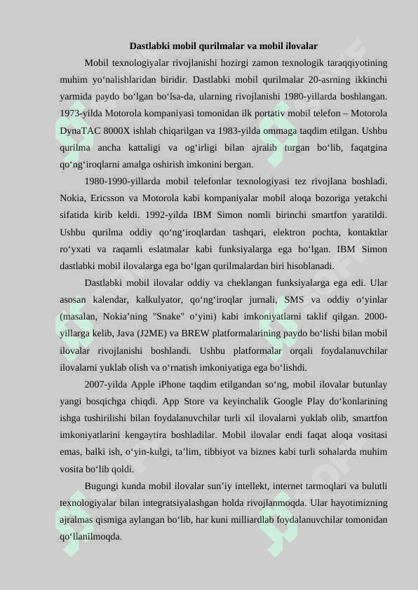 Dastlabki mobil qurilmalar va mobil ilovalar. Zamonaviy mobil OTlar 2