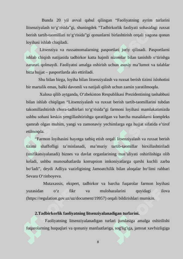TADBIRKORLIK KORXONALARINI LITSENZIYALASH TARTIBI 8