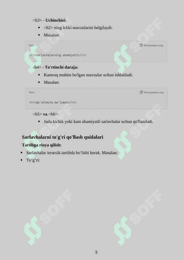Web sahifada sarlavha va ro'yhatlarni aks ettirish 5