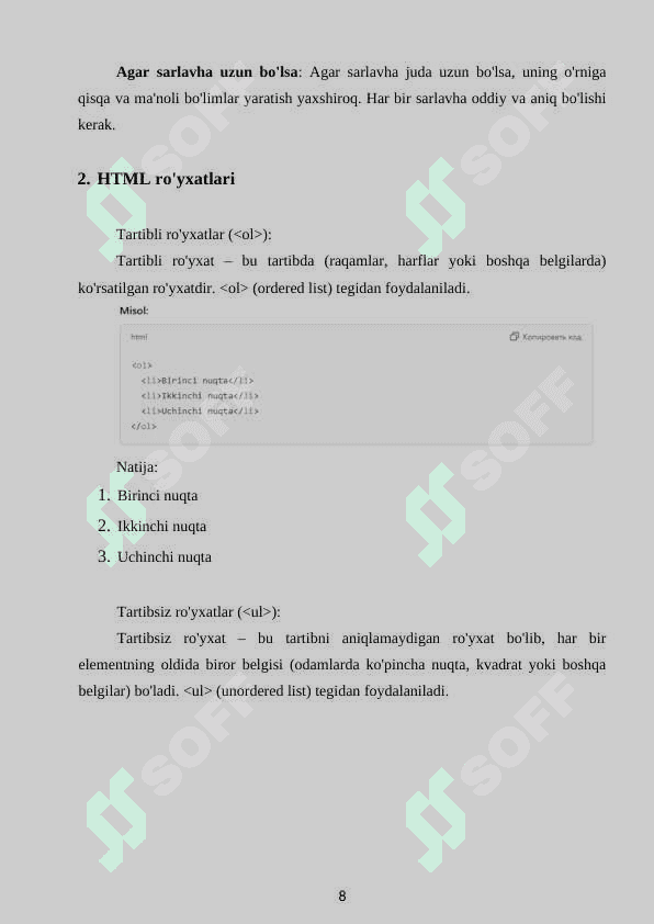 Web sahifada sarlavha va ro'yhatlarni aks ettirish 8