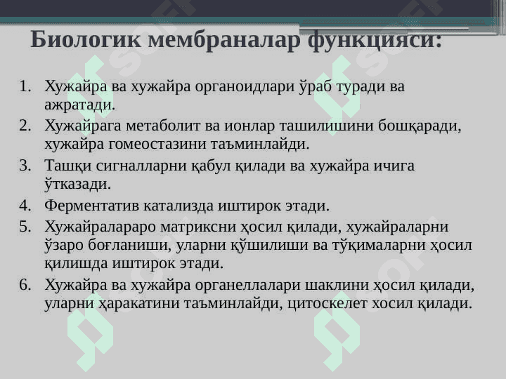 Hujayra membranalarining tuzilishi. Modda almashinuviga kirish 2