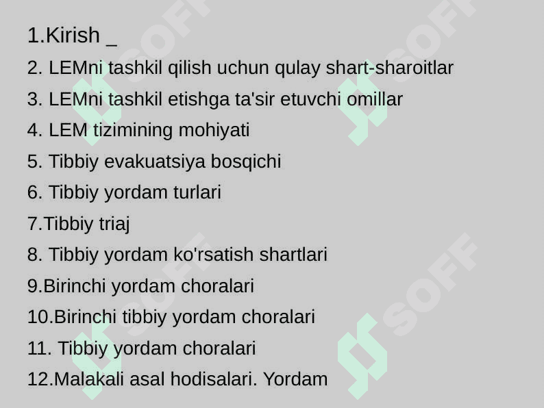 Tibbiy va evakuatsiya yordamini tashkil etish yaradorlar, kasallar, jangovar zonada va favqulodda vaziyatlarda zarar ko'rganlar 2