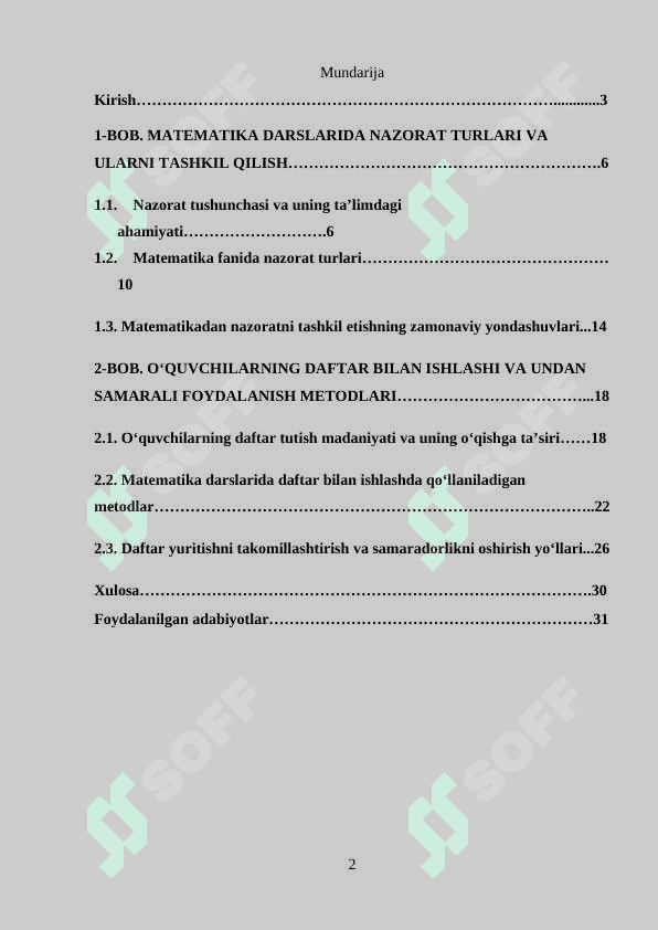 Matematika darsida nazorat turlari va ularni tashkil qilish, o‘quvchilarning daftar bilan ishlashda qo‘llaniladigan metodlar 2