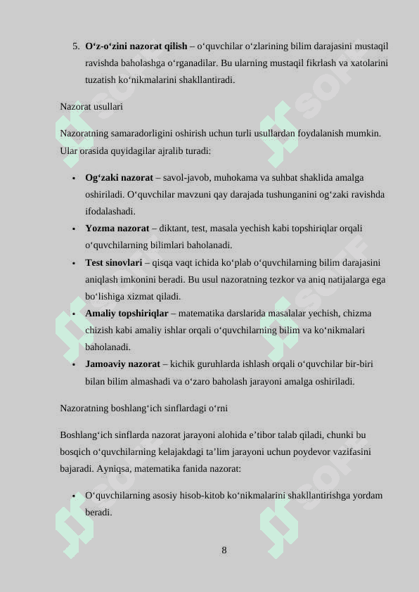 Matematika darsida nazorat turlari va ularni tashkil qilish, o‘quvchilarning daftar bilan ishlashda qo‘llaniladigan metodlar 8