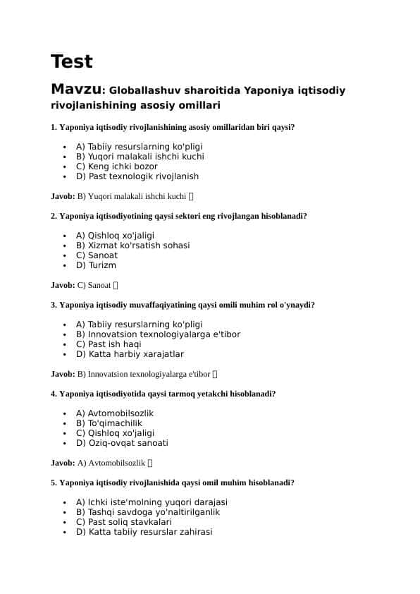 Mavzu: Globallashuv sharoitida Yaponiya iqtisodiy rivojlanishining asosiy omillari. TEST JAVOBLARI BILAN