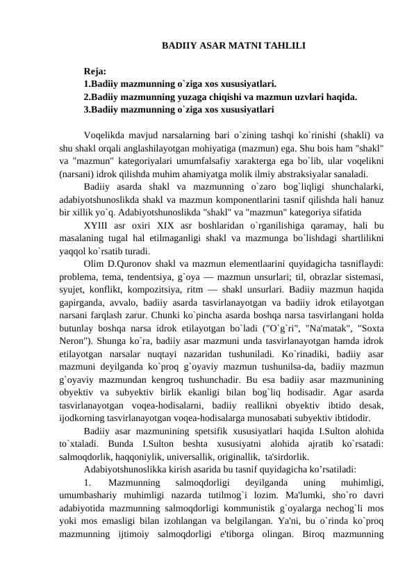BADIIY ASAR MATNI TAHLILI